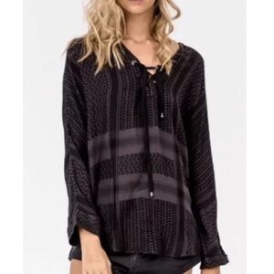 A22 Rail Womens Lily‎ Onyx Jacquard Lace Up Long Sleeve Pullover Boho Tunic Top